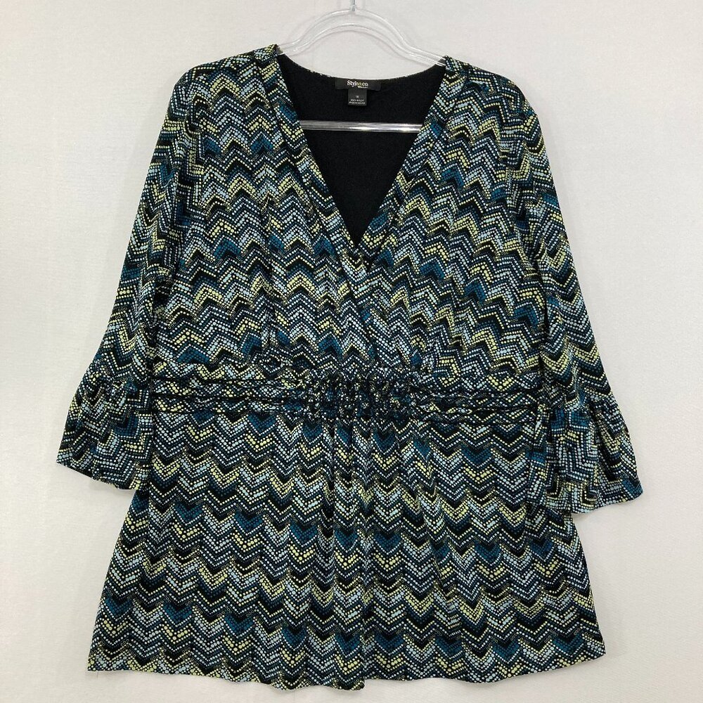 Style & Co size 1X Blue Green Chevron Stretch Surplice 3/4 Sleeve Blouse‎ Office